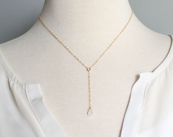 Brie Moonstone Y Necklace, Petite Moonstone Necklace, Dainty Gemstone Lariat Necklace, 14k Gold Filled, Bridesmaid Jewelry, Gift for Her