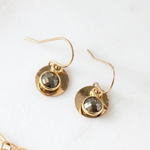 Addy Gem Drop Earrings, Dainty Hammered Gold Disc Earrings, Petite 14k Gold Filled Circle Earrings, Jewelry Gift, Gift under 50