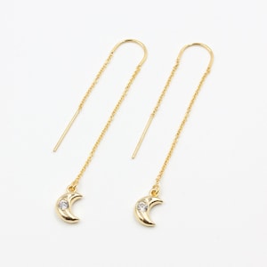 Vesper Moon Star Threader Earrings, Gold Drop Earrings, 14k Gold Filled Chain Threaders, Delicate Celestial Drops, Boho Threader Earrings