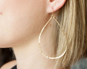 Olivia X-Large Gold Teardrop Earrings 2.75", Hammered 14k Gold Filled Hoops, Large Sterling Silver Hoops, Large Boho Statement Earrings
