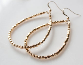 Leia Gold Beaded Teardrop Earrings, 14k Gold Filled Hoops, Gold Drop Earrings, Silver Beaded Hoops, Statement Hoop Earrings