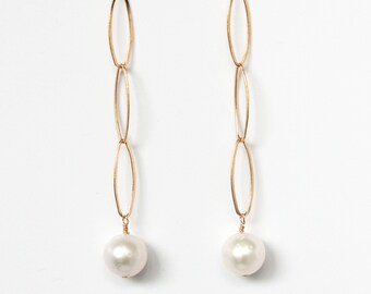 Long Pearl Chain Earrings, 14k Gold Filled Statement Earrings, Pearl Dangle Drop Earrings, Bridal Earrings