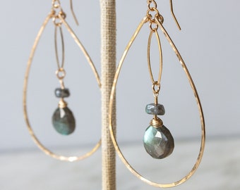 Labradorite Earrings, 14k Gold Fill Earrings, Hammered Hoop Earrings, Labradorite Drop Earrings, Gemstone Statement Earrings, Brie