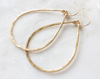 Olivia 2" Small Gold Teardrop Hoop Earrings, 14k Gold Filled Hoops, Lightweight Hammered Boho Hoop Earrings, Gift for Her