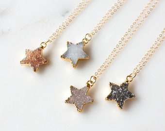 Druzy Star Necklace, 14k Gold Filled, Natural Druzy Pendant Necklace, Layering Necklace, Jewelry Gift for Her, Celeste Collection