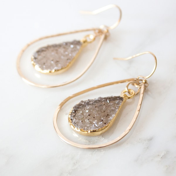 Della Druzy Teardrop Earrings Small | Hammered Gold Hoop Earrings | 14k Gold Filled | Druzy Bridesmaid Earrings | Druzy Drop Earrings