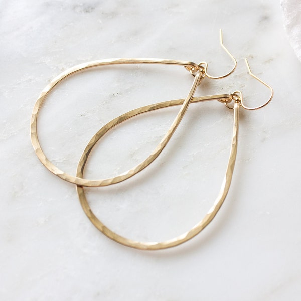 Olivia 2" Gold Teardrop Hoop Earrings, 14k Gold Filled Medium Hoops, Lightweight Hammered Boho Earrings, Gift for Her