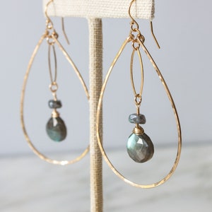 Labradorite Earrings, 14k Gold Fill Earrings, Hammered Hoop Earrings, Labradorite Drop Earrings, Gemstone Statement Earrings, Brie