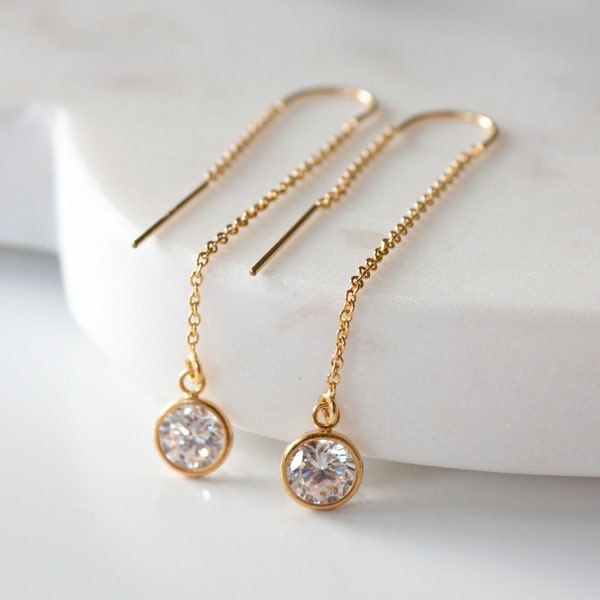 Chloe CZ Threader Earrings, 14k Gold Filled Chain Threaders, Bridesmaid Earrings, Delicate Crystal Drop Earrings, Gift for Her Under 50