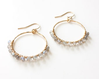 Sunrise Gemstone Hoop Earrings Medium 1.25", Labradorite, 14k Gold Filled Hammered Hoops, Wire Wrapped Earrings, Gift Earrings, Gold Hoops