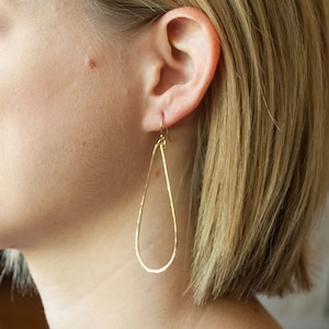 Long Gold Teardrop Hoops 2.5&quot;, Large 14k Gold Filled Earrings, Silver Hammered Hoop Earrings, Statement Earrings, Gift under 50