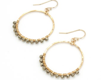 Sunrise Gemstone Hoop Earrings Medium 1.25" in Pyrite, 14k Gold Filled Hammered Hoops, Wire Wrapped Earrings, Boho Gem Drop Earrings