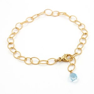 Celia Etched Gold Link Bracelet, Blue Topaz, 14k Gold Filled Chain, Rope Chain Bracelet, Statement Jewelry, Layering Bracelet, Gift for Her