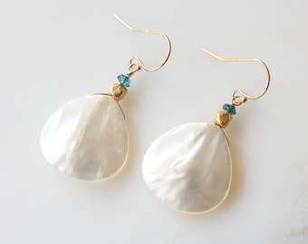 Lani Pearl Fan Drop Earrings with London Blue Quartz, 14k Gold Filled, White Coastal Earrings, Gift for her under 30