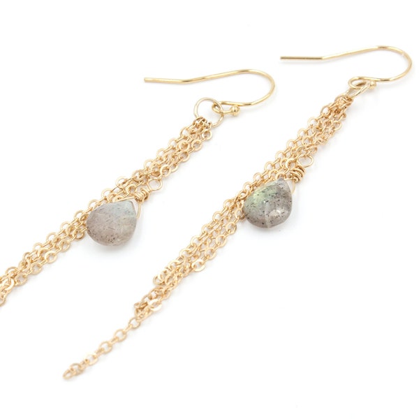 Gemstone Fringe Earrings, 14k Gold Filled Chain Earrings, Moonstone, Labradorite Drops, Tassel Earrings, Statement Earrings, Ada Collection