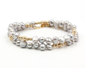Kaia Pearl Wrap Bracelet + Choker Necklace, Silver Pearl Jewelry, 14k Gold Filled Beaded Bracelet, Grey Pearl Necklace, Resort Jewelry