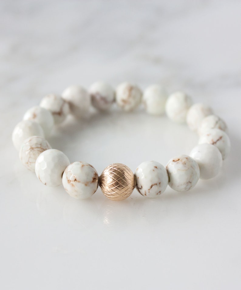 White Turquoise Beaded Bracelet, White Stretch Bracelet, 14k Gold Filled Bead, Boho Layering Bracelet, Gift for Her image 3