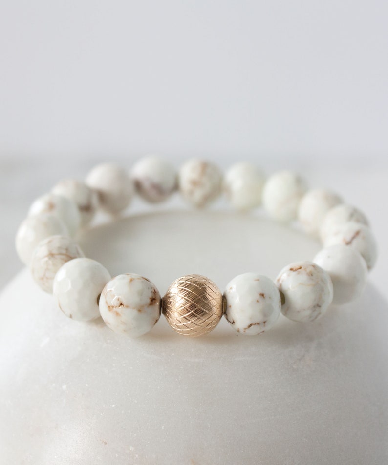 White Turquoise Beaded Bracelet, White Stretch Bracelet, 14k Gold Filled Bead, Boho Layering Bracelet, Gift for Her image 2