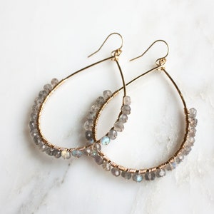 Sirena Labradorite Wire Wrapped Earrings | 14k Gold Filled Teardrop Earrings | Boho Hoop Earrings | Beaded Gemstone Statement Earrings