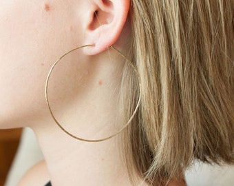 Olivia X-Large Gold Hoop Earrings 2.5", Big Boho Hoop Earrings, Large Hammered 14k Gold Fill Hoops, Thin Sterling Silver Hoop Earrings