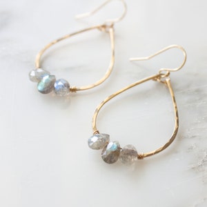 Brie Petite Teardrop Earrings with Natural Gemstones or Pearls, 1.5&quot; Hammered Hoop Earrings, 14k Gold Filled Drop Earrings, Gift for Her