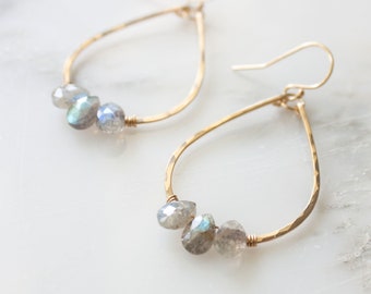 Brie Petite Teardrop Earrings with Natural Gemstones or Pearls, 1.5" Hammered Hoop Earrings, 14k Gold Filled Drop Earrings, Gift for Her
