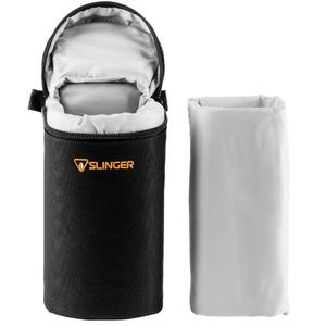 May include: Black camera lens case with a zipper closure and a gray interior. The case has the word "SLINGER" printed on the front in orange.