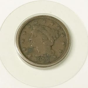 1844 Penny, 1 cent, US Liberty Braided Hair, Large One Cent Coin, Old COIN