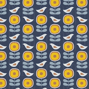 May include: A seamless pattern featuring stylised yellow flowers with brown centres and blue leaves on a dark blue background. White birds with brown beaks are flying between the flowers.