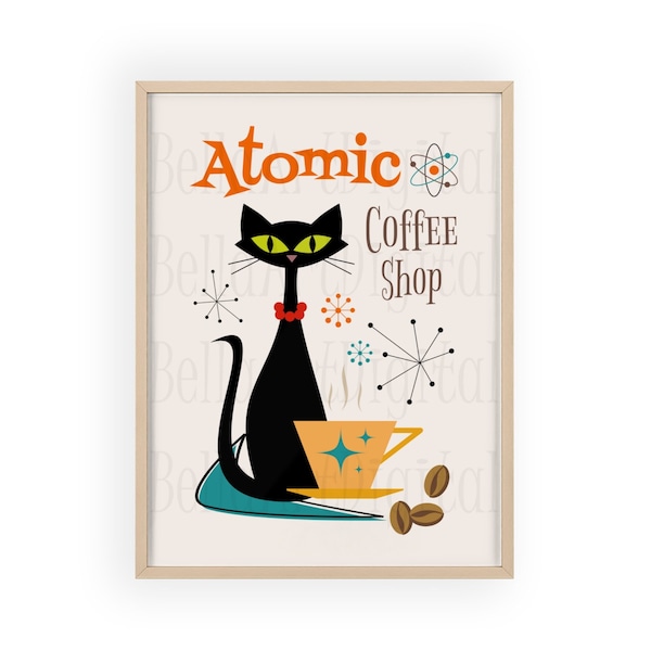 Atomic Black Cat Kitchen Wall Art Decor Poster Mid Century MCM Retro Coffee Print Funny Cat Lovers Mom Gift Vintage Coffee Shop Bar Sign