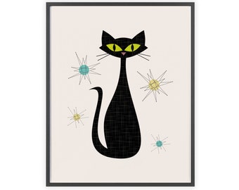Gato negro impresión atómica imprimible arte de la pared divertido cartel retro decoración del hogar descargable amantes de los gatos regalo mediados de siglo arte moderno vintage