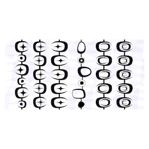 May include: Six black and white geometric patterns with different shapes and sizes. The patterns are arranged vertically and are made up of circles, squares, and stars.