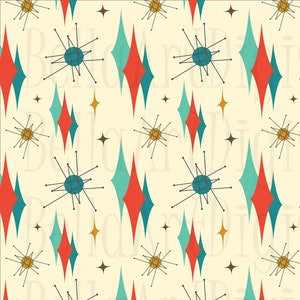 May include: A seamless pattern featuring a retro mid-century modern design with teal blue and red diamond shapes, gold stars, and stylized atomic age symbols on a cream background.