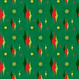 Op de afbeelding: Een naadloos patroon met een herhalend ontwerp van groene, rode en gele geometrische vormen. De vormen zijn diagonaal gerangschikt, waardoor een retro-moderne esthetiek uit het midden van de eeuw ontstaat.