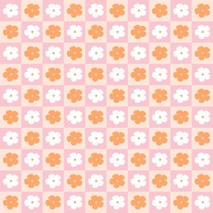Op de afbeelding: Een naadloos patroon met afwisselend oranje en witte bloemen op een roze en witte geruite achtergrond.