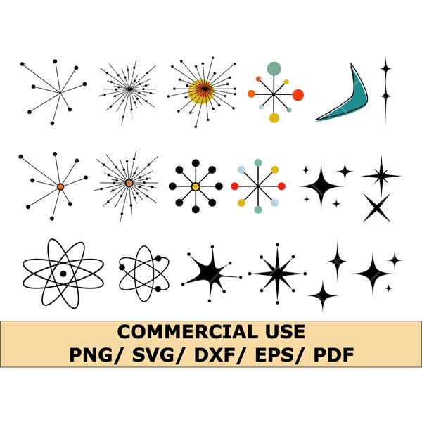 Mid Century Modern SVG Bundle Clip Art Retro MCM Starburst PNG Cricut Instant Dowload Digital File Shapes Set Vector Silhouette Atomic Space