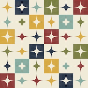 Puede incluir: Un patrón repetitivo de estrellas blancas sobre un fondo crema. Las estrellas están en cuadrados de diferentes colores: amarillo, verde, azul y rojo.