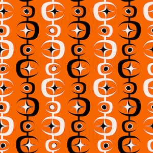 Könnte beinhalten: Ein nahtloses Muster mit sich wiederholenden geometrischen Formen in Schwarz, Weiß und Orange. Das Muster besteht aus einer Reihe verbundener Kreise, Halbmonde und Sterne.