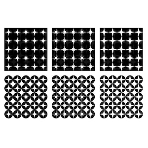 Puede incluir: Seis patrones geométricos en blanco y negro con círculos y estrellas que se repiten. Los patrones están dispuestos en una cuadrícula de dos filas y tres columnas.