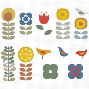 Elementi di design folk scandinavo SVG Dente di leone astratto Tulipano Fiore Uccello Clip Art Nordic Mid Century Moderno Stile retrò Danese moderno