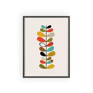 Mid Century Modern Digital Print Poster Printable Art Nordic Scandinavian Stem Wall Art Retro Decor Botanical Leaves Colorful Multicolor