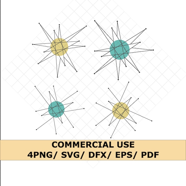 Retro Franciscan Atomic Starburst SVG PNG Mid Century Modern ClipArt Vintage Designs Sublimación PNG Descarga instantánea Vector de archivos digitales