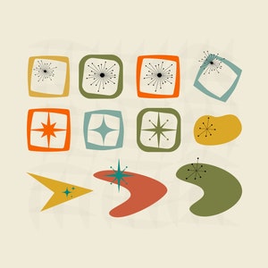 Mid Century Modern SVG Bundle Clip Art Retro MCM Starburst PNG Cricut Instant Dowload Digital File Shapes Set Vector Silhouette Atomic Space