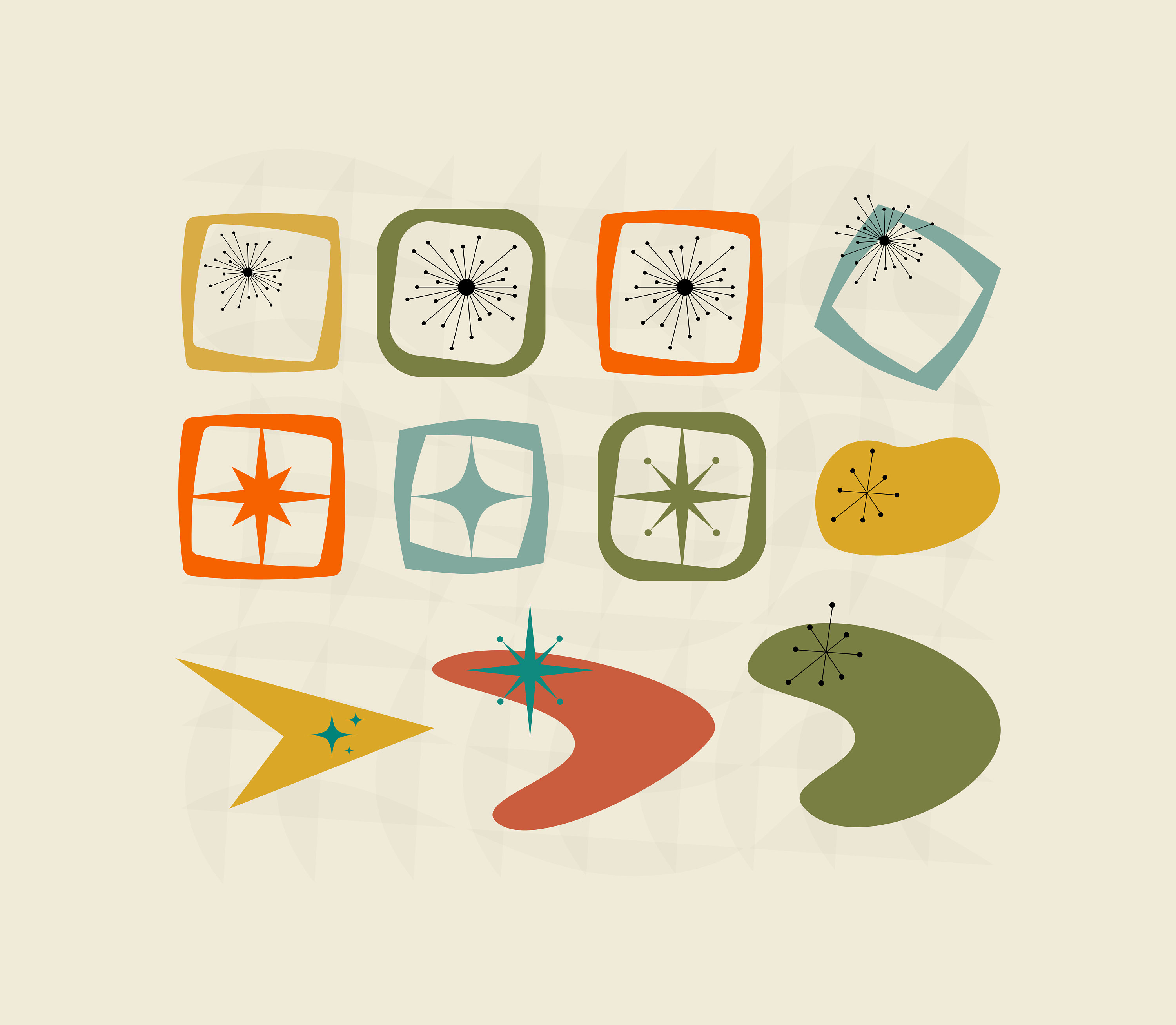 Halverwege de eeuw moderne SVG-bundel illustraties Retro MCM Starburst PNG Cricut Instant Dowload digitaal bestand vormen instellen vector silhouet atomaire ruimte