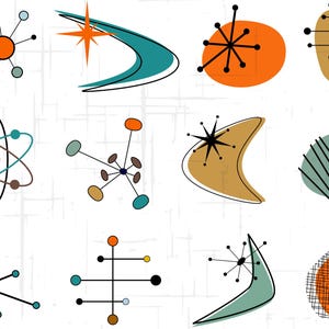 May include: A collection of retro atomic and mid-century modern design elements in various shapes and colors. The illustrations include starbursts, boomerangs, and atomic structures in orange, teal, brown, and black on a white background.