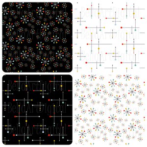 Op de afbeelding: Vier digitale kunstprints met moderne ontwerpen uit het midden van de eeuw. De prints tonen herhalende patronen van starbursts en lineaire elementen in zwart, wit, rood, geel en blauw. Perfect voor woondecoratie of digitale kunstprojecten.