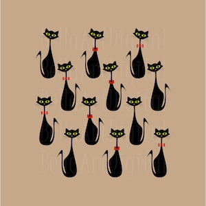 Atomic Black Cat Clipart Retro Mid Century Modern Cats PNG Set MCM Kitty Mid-Century Kitties Vintage Designs Instant Download Digital File