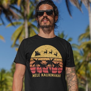 T-shirt unisexe Mele Kalikimaka, chemise de Noël hawaïenne rétro, t-shirt imprimé Noël tropical Hawaii Noël père Noël rennes adultes enfants