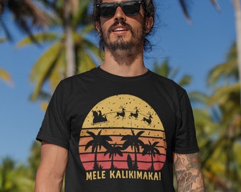 Unisex Mele Kalikimaka T-Shirt Retro Hawaiian Christmas Shirt Funny Hawaii Christmas Tropical X-Mas Print Tee Santa Reindeers Adults Kids