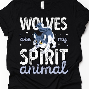 Unisex Cute Wolf Gift, Wolf Love Shirt, Wolf Lover Gift, Funny Wolves Are My Spirit Animal Cartoon Wolf Print T-Shirt Adults Kids Girls